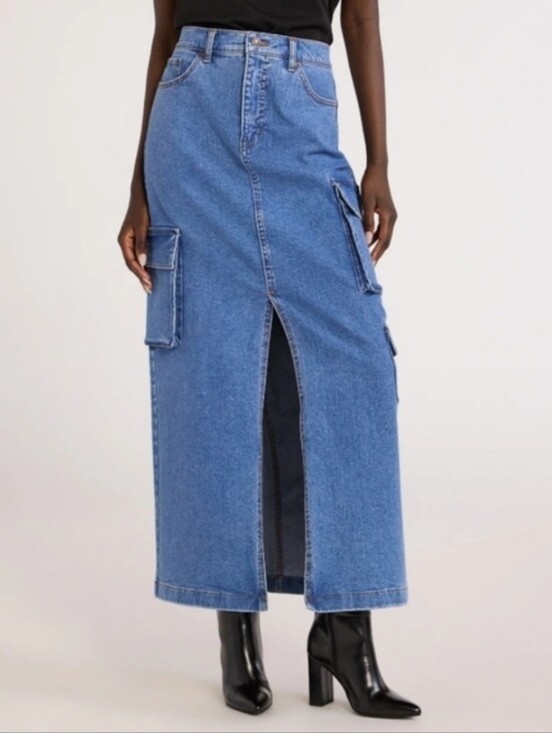 Scoop Dresses & Skirts - Denim Cargo Utility Blue Maxi Skirt Front Slit Fall Western Boho Going Out 10